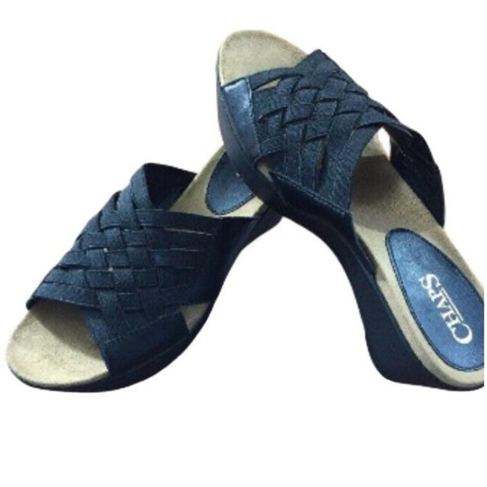 Chaps Womans Slip On Sandals Wedges SZ 7B Wilma Black Braided‎ Vegan Platform